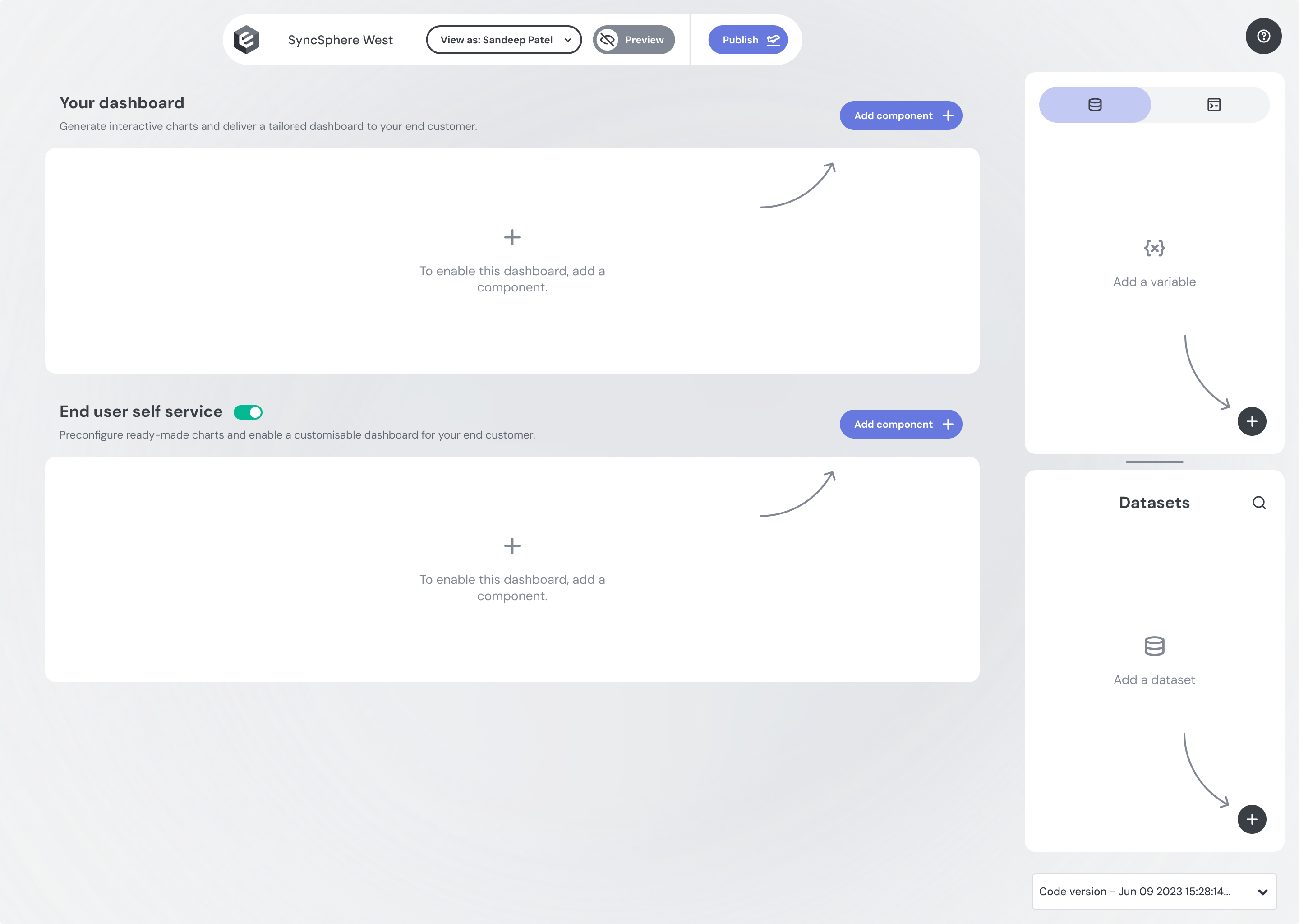Embeddable's redesigned builder: a rounded island header over empty Your dashboard and End user self service panels, with side rails for variables and datasets