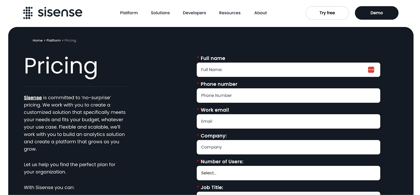 Sisense pricing page screenshot.