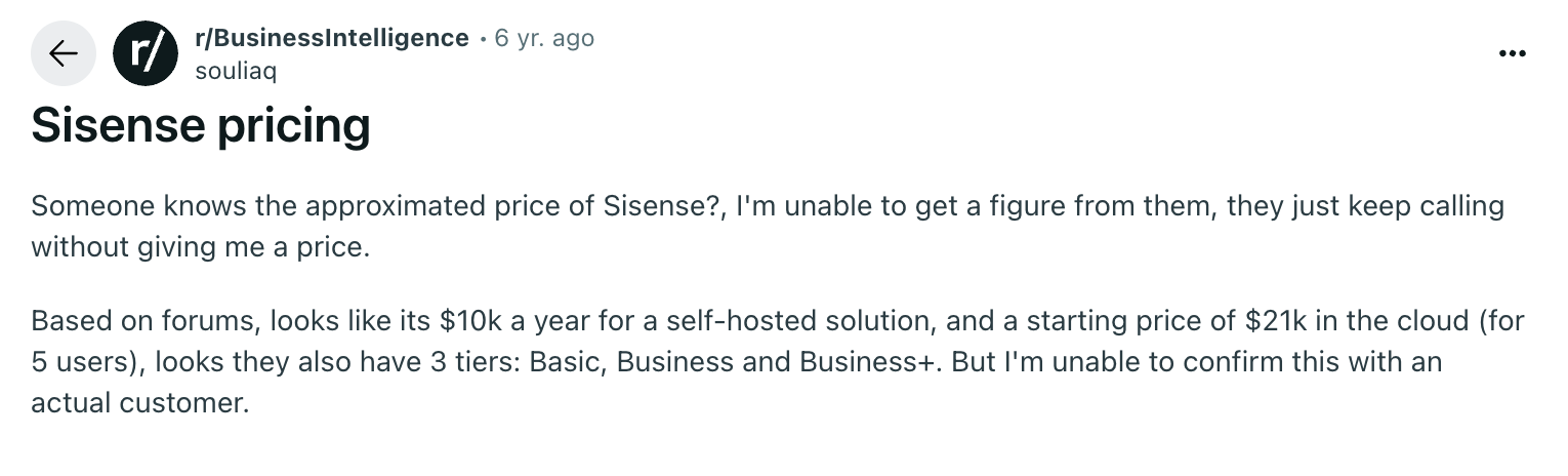 Sisense pricing on Reddit