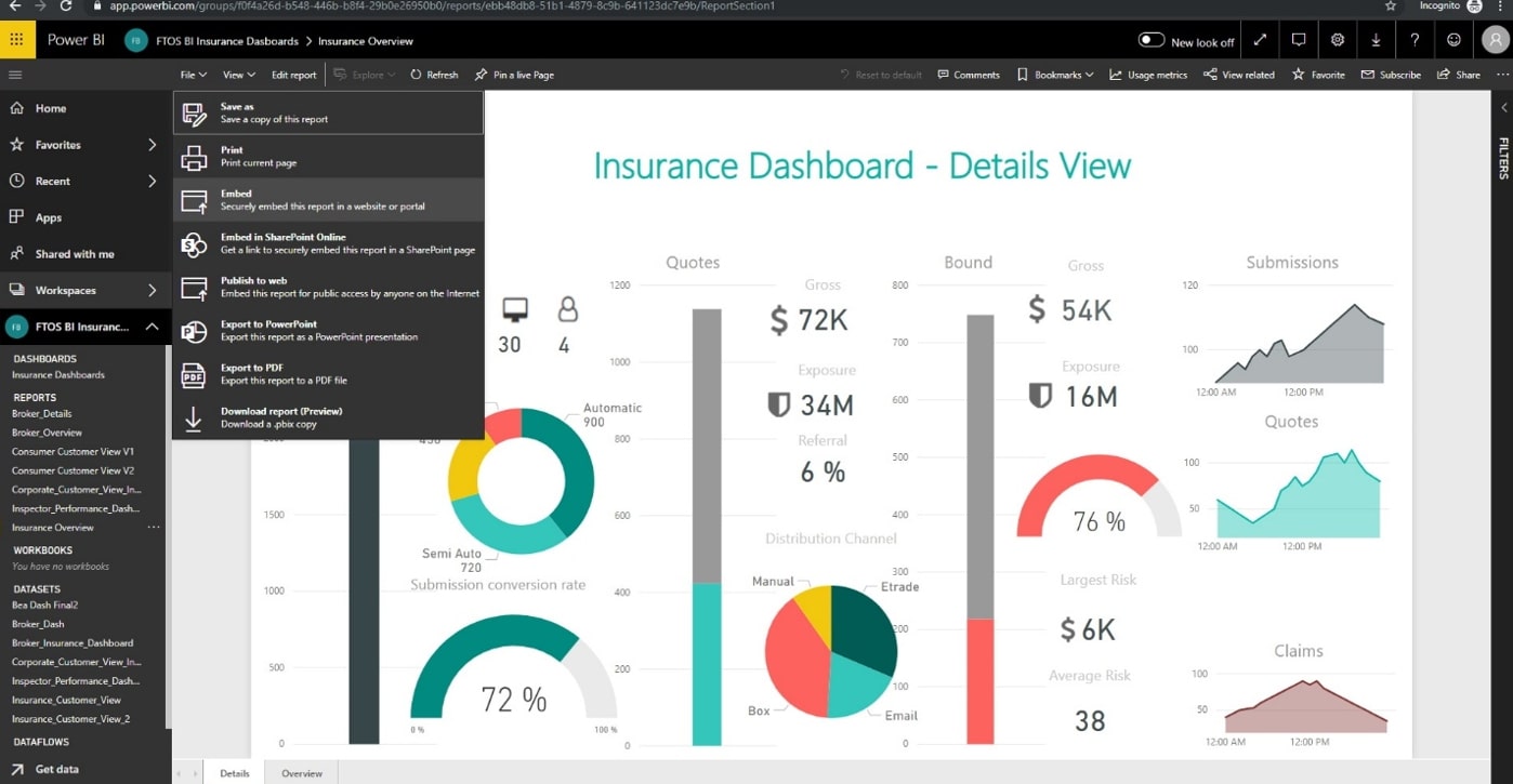 Embedding a Microsoft Power BI report using the sidebar menu
