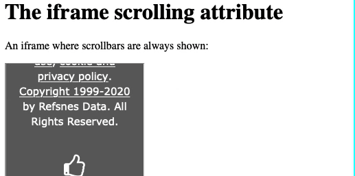 A W3Schools demonstration of the iframe scrolling attribute: a small embedded frame showing its own scrollbar over clipped footer text