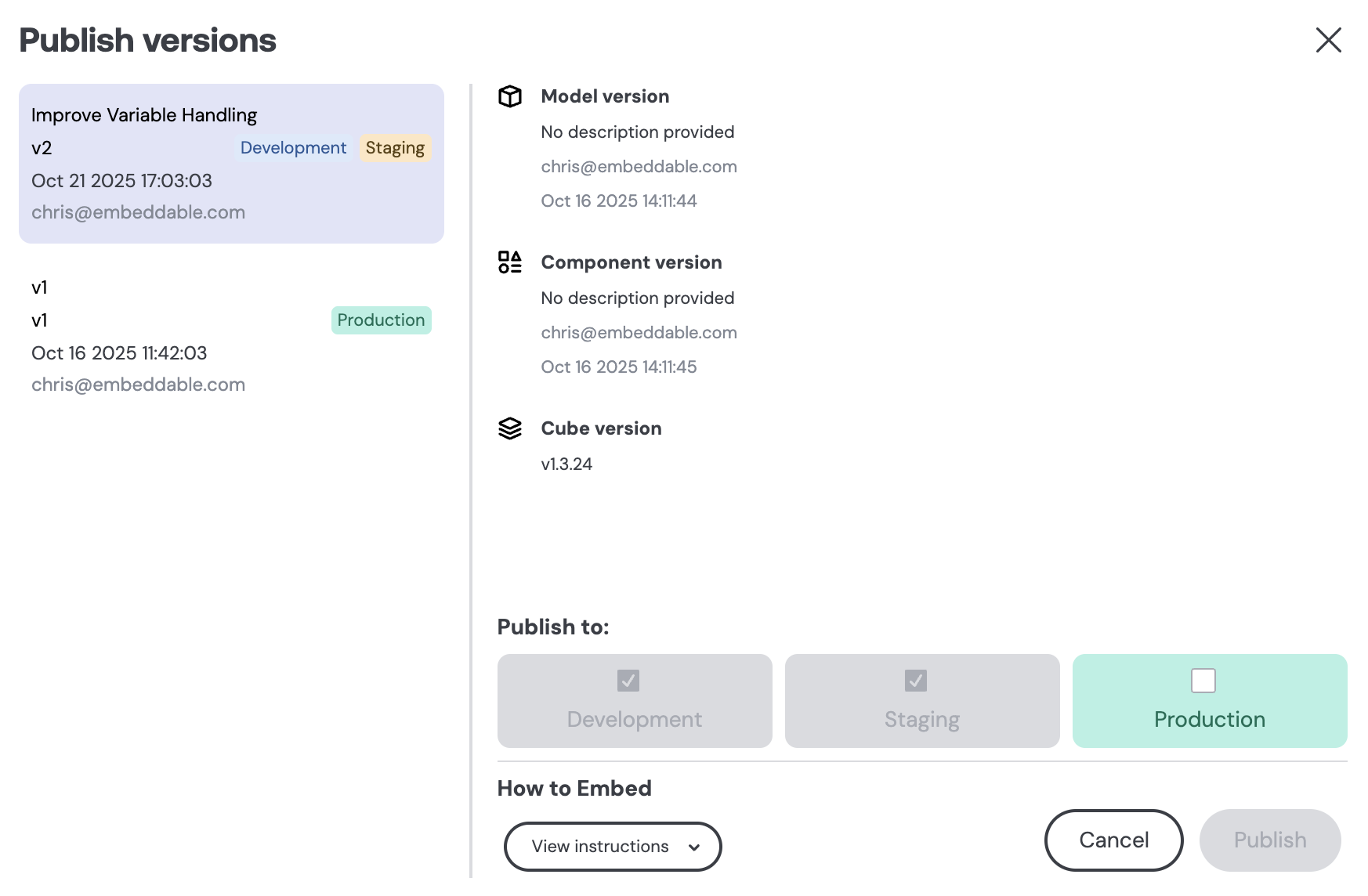 Embeddable's Publish versions dialog: version v2 tagged Development and Staging, v1 tagged Production, with per-environment publish checkboxes and the model, component and Cube versions listed