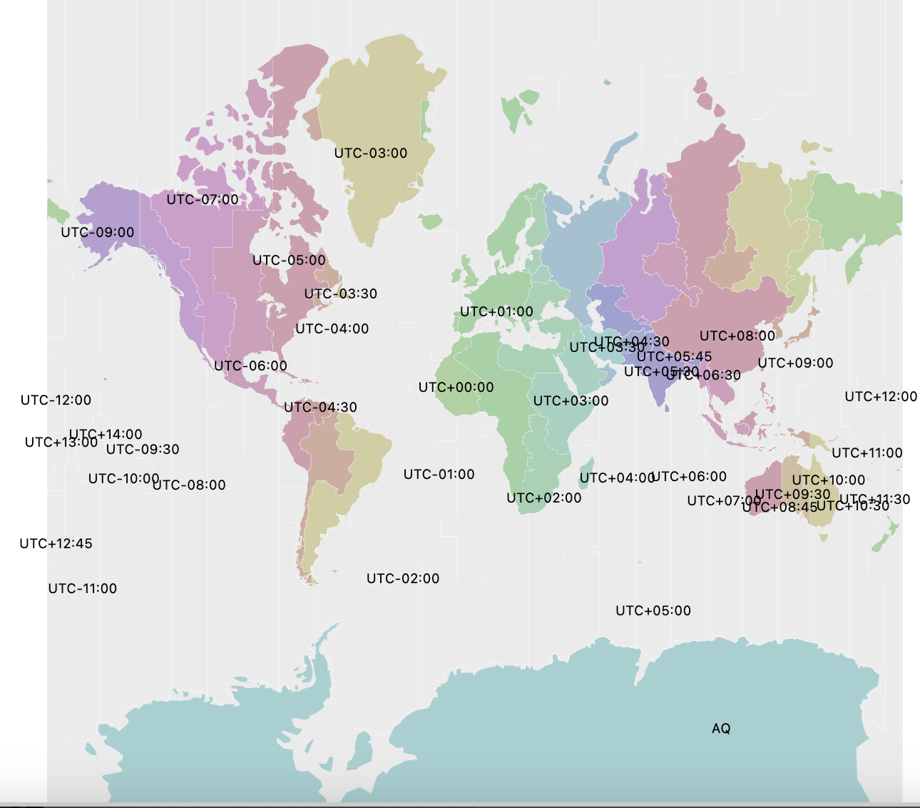 An amChart-built map depicting time differences around the globe with color and text to show each time zone.