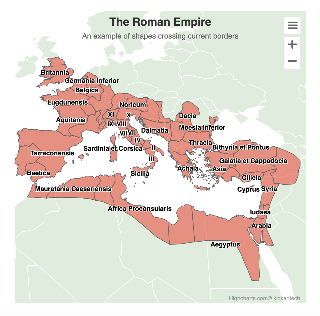 A distribution map of the Roman Empire, each area belonging to the Empire colored in red and labeled with the population’s name.