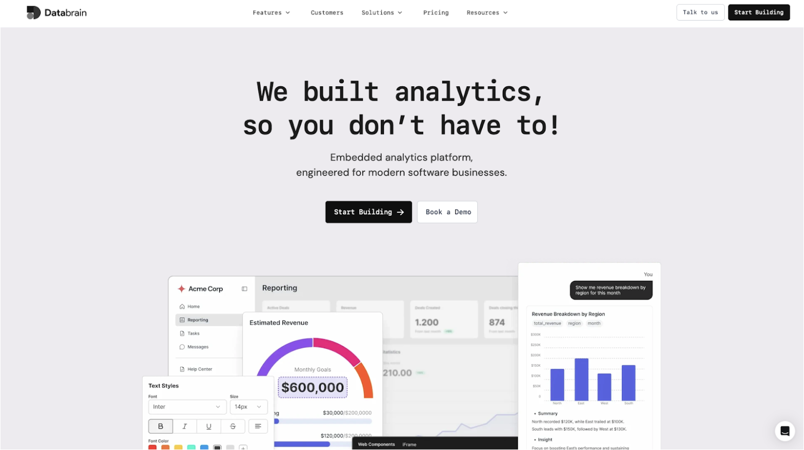 DataBrain's homepage, headlined “We built analytics, so you don't have to!”, with screenshots of an embedded reporting dashboard, a revenue-goal gauge, theming controls and an AI chat answering a revenue-by-region question
