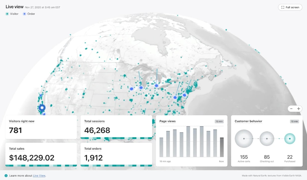 Shopify’s Live View presenting data as a three-dimensional globe